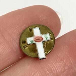 VTG Dainty Tiny Cross Pink Rose White Guilloche Enamel Pin Gold Tone Victorian